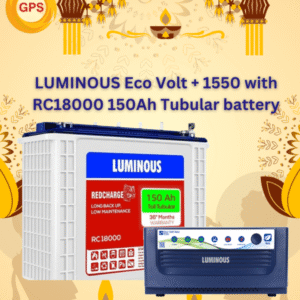 Luminous Eco Volt 1550 inverter with RC18000 150Ah tubular battery combo for home power backup in Bangalore – Gravity Power Solution.