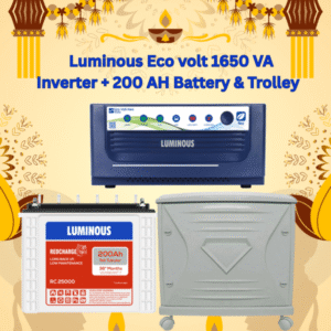 Luminous Eco Volt 1650VA inverter with 200Ah battery and trolley for home and office backup in Bangalore – Gravity Power Solution.