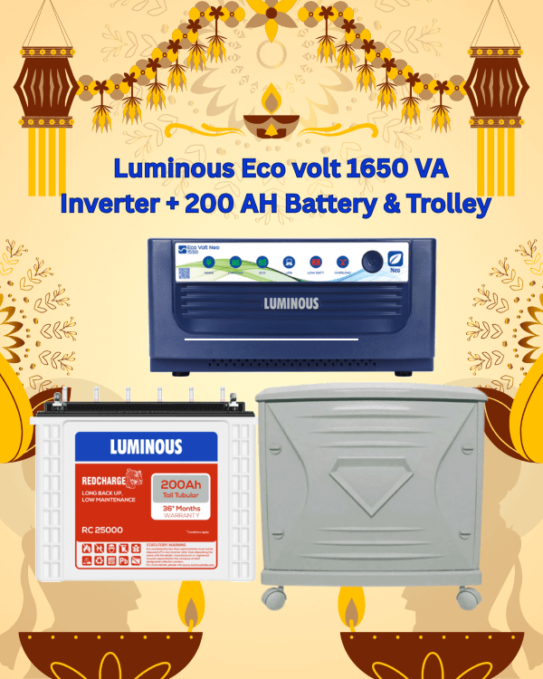 Diwali Offer : Luminous Eco Volt 1650 VA Inverter + 200AH Battery & Trolley 1 Luminous Eco Volt 1650VA inverter with 200Ah battery and trolley for home and office backup in Bangalore β Gravity Power Solution.