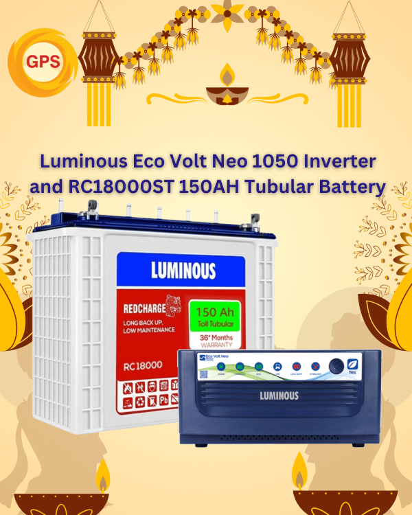 Diwali Offer : Luminous Eco Volt Neo 1050 Inverter And RC 18000ST 150Ah Tubular Battery 1 Luminous Eco Volt Neo 1050 Inverter with RC 18000ST 150Ah Tubular Battery for Home in Bangalore