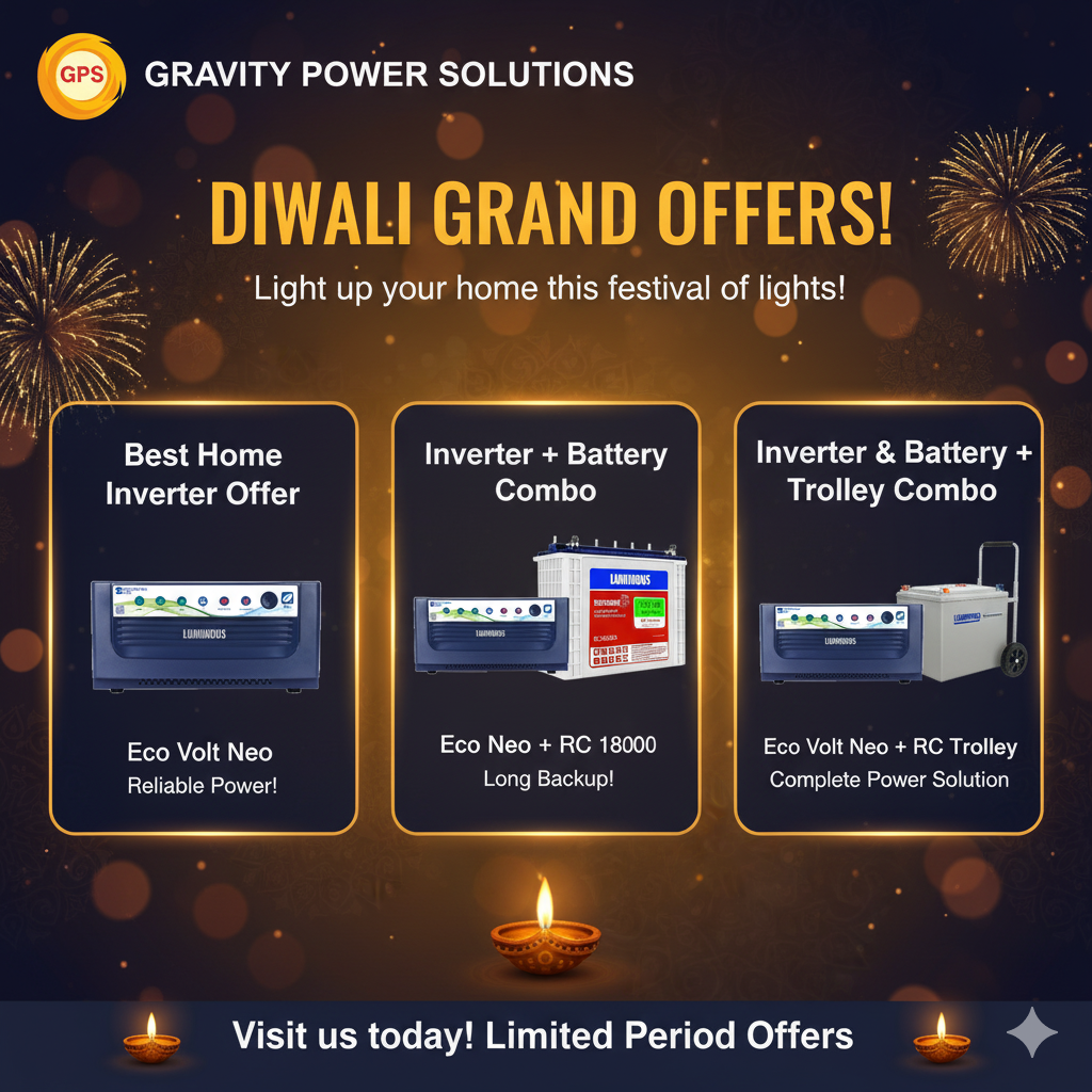 Diwali offer on Luminous inverter, battery and trolley combo by Gravity Power Solutions in Bangalore – Best festive power backup deals.